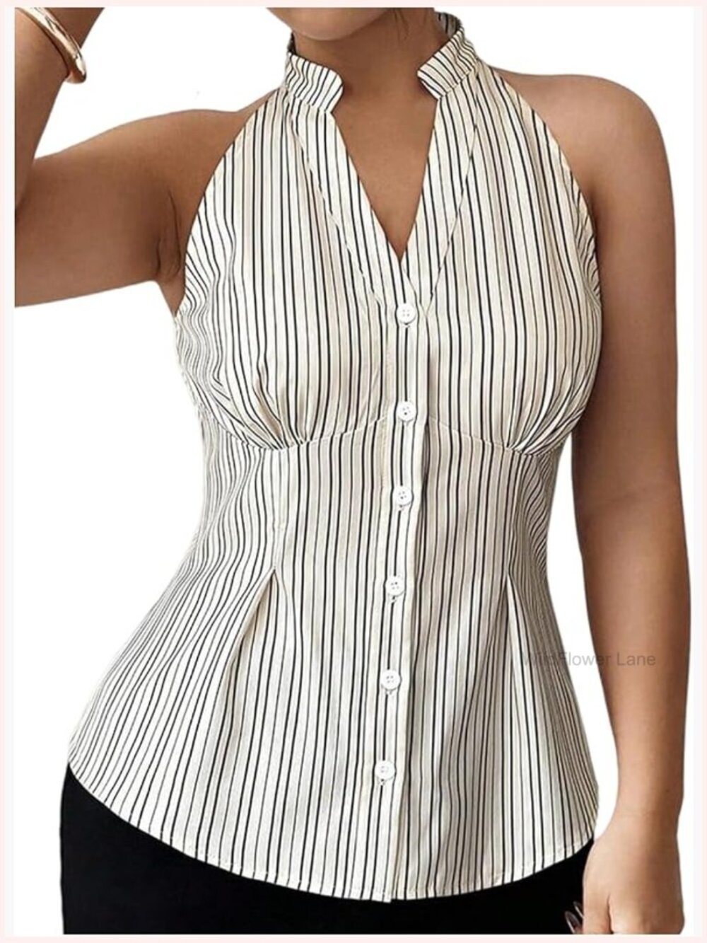Striped Halter Neck Notched Blouse Button Down Sleeveless Dressy Top